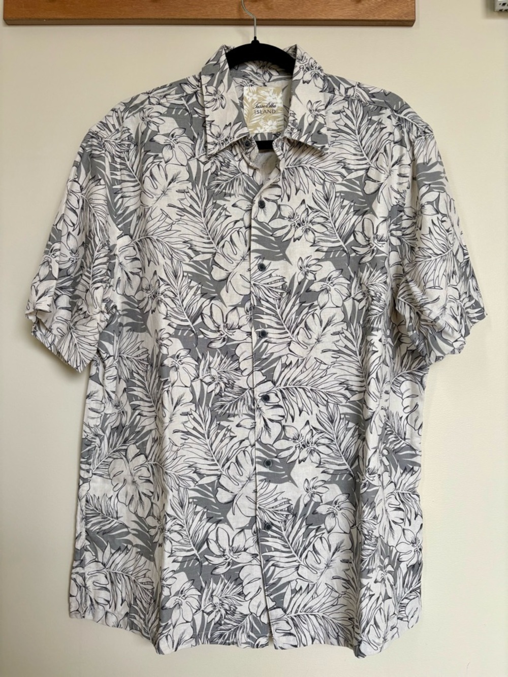 Tasso Elba Silk Linen Blend Camp Shirt Gray Floral Tropical Resort Men’s L